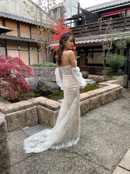 ボリューム袖 ベアトップ 総レースドレス(W251)