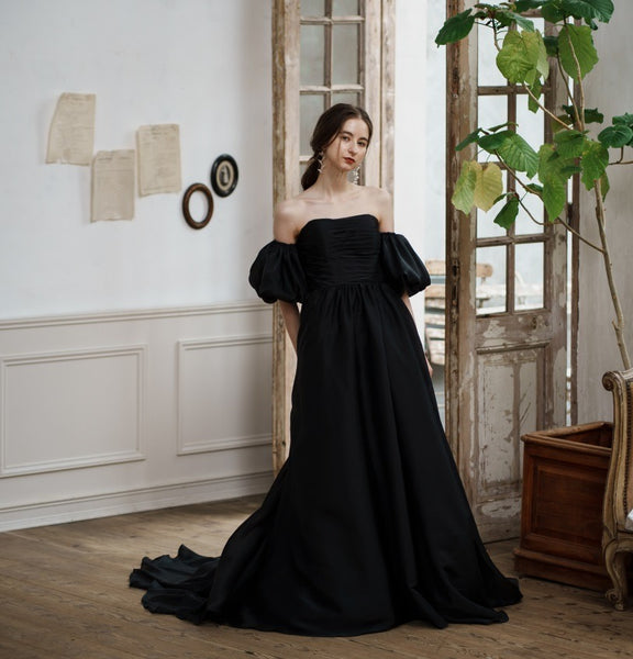 オーガンジーサテン パフスリーブドレス ブラック(W260BK)