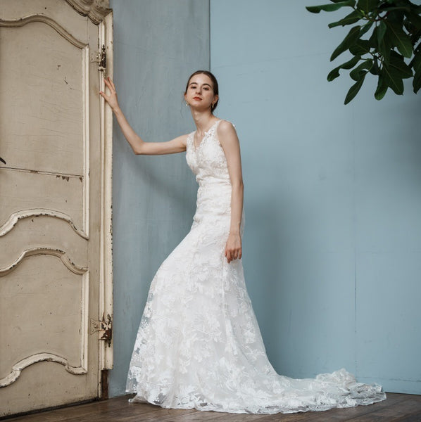 刺繍 総レース バックV ソフトマーメイドドレス(W255)