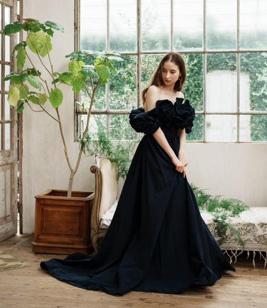 フリルショルダー タフタ ネイビードレス(W266)