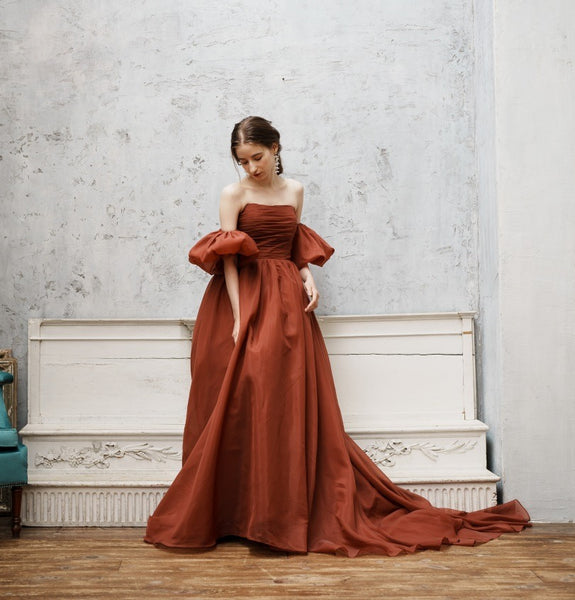 オーガンジーサテン パフスリーブドレス ボルドー(W260BO)