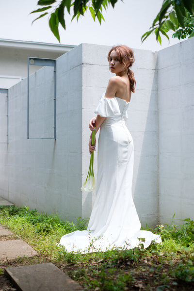 オフショルダー ボリューム袖 サテン ソフトマーメイドドレス(W225)