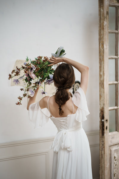 オフショルダー バックリボン シフォンドレス(W199)