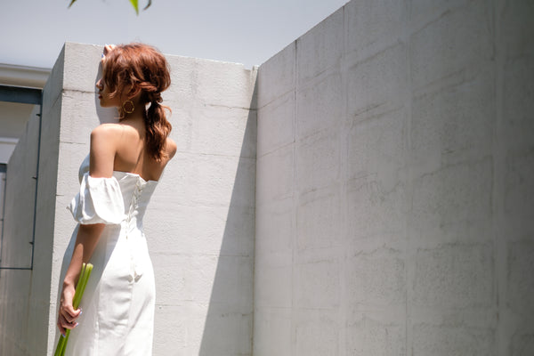 オフショルダー ボリューム袖 サテン ソフトマーメイドドレス(W225)