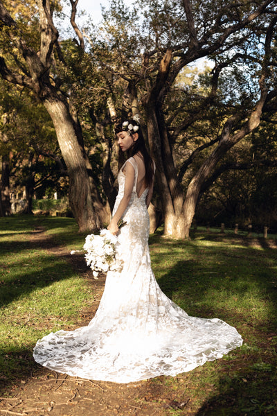 刺繍レース バックV マーメイドドレス(W176)