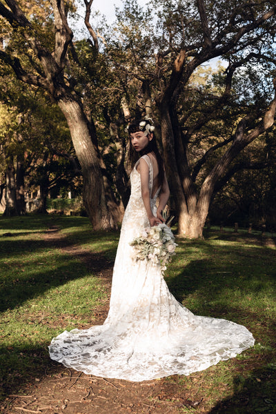 刺繍レース バックV マーメイドドレス(W176)