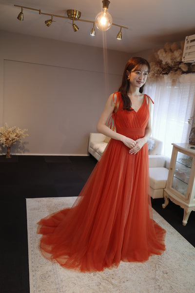 リボンショルダー Vネック オレンジ チュールドレス(W271OR)