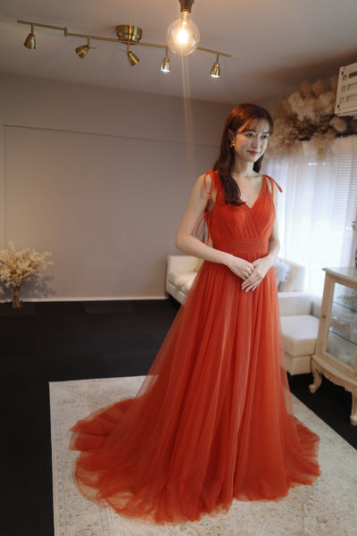 リボンショルダー Vネック オレンジ チュールドレス(W271OR)