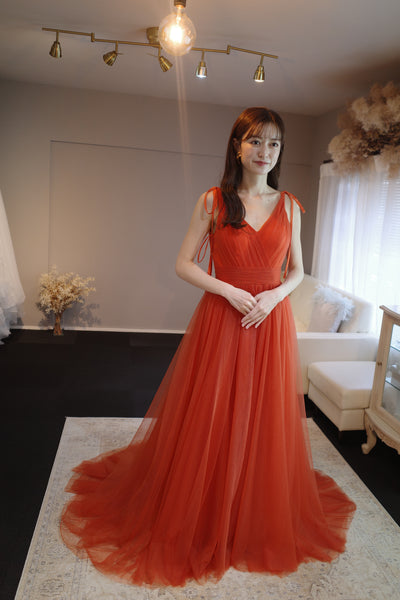 リボンショルダー Vネック オレンジ チュールドレス(W271OR)
