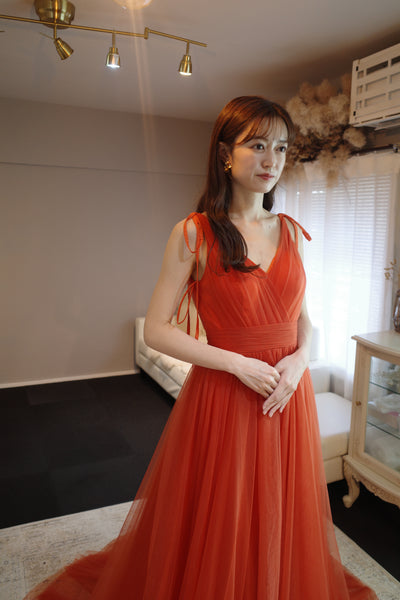 リボンショルダー Vネック オレンジ チュールドレス(W271OR)