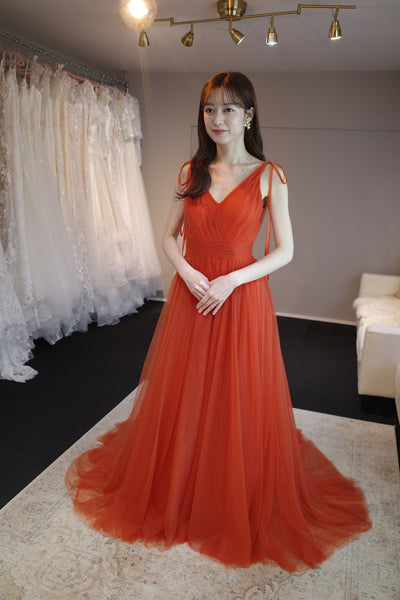 リボンショルダー Vネック オレンジ チュールドレス(W271OR)