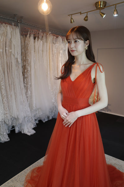 リボンショルダー Vネック オレンジ チュールドレス(W271OR)