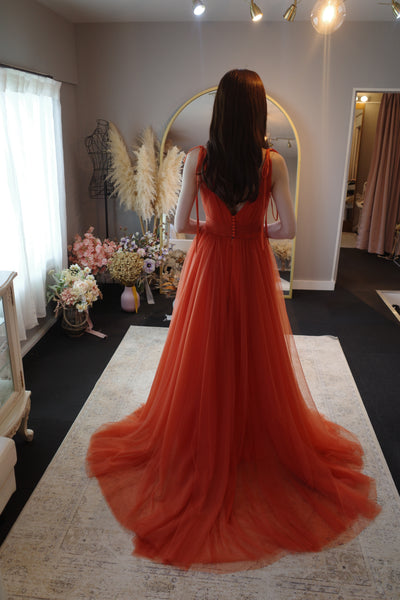 リボンショルダー Vネック オレンジ チュールドレス(W271OR)