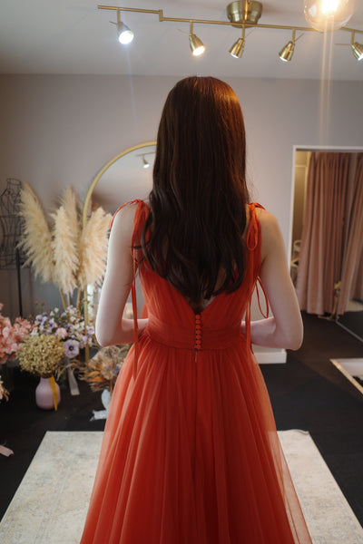 リボンショルダー Vネック オレンジ チュールドレス(W271OR)