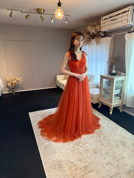 リボンショルダー Vネック オレンジ チュールドレス(W271OR)