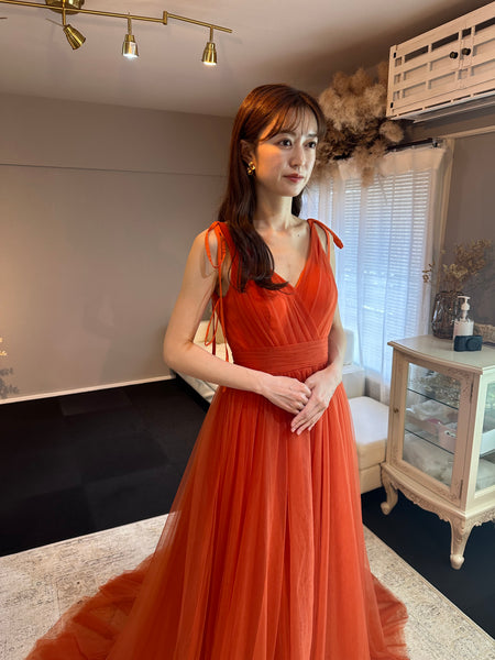 リボンショルダー Vネック オレンジ チュールドレス(W271OR)
