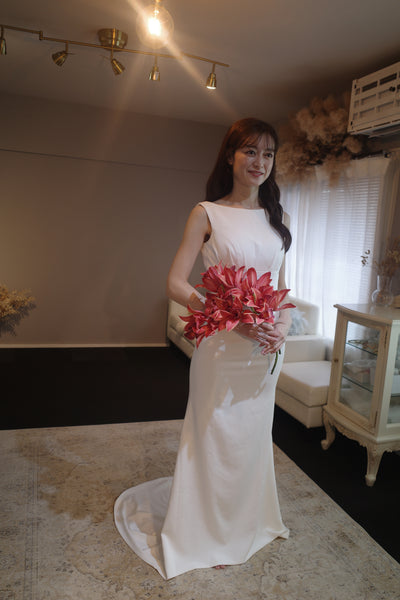 サテン シンプル ボートネック マーメイド ウエディングドレス(W113)