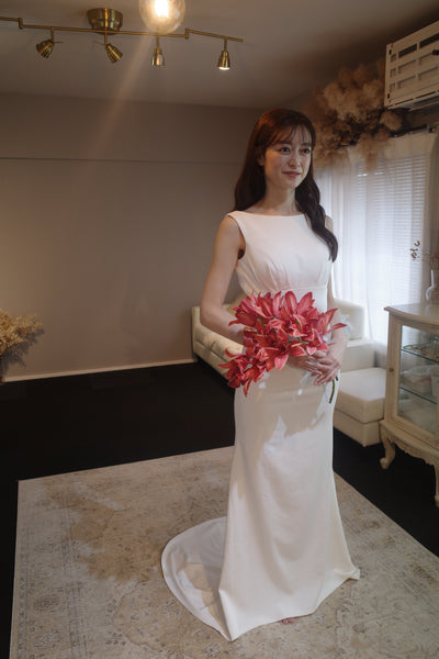 サテン シンプル ボートネック マーメイド ウエディングドレス(W113)