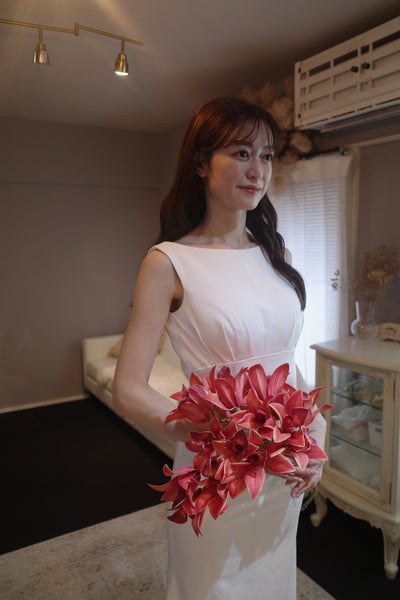 サテン シンプル ボートネック マーメイド ウエディングドレス(W113)