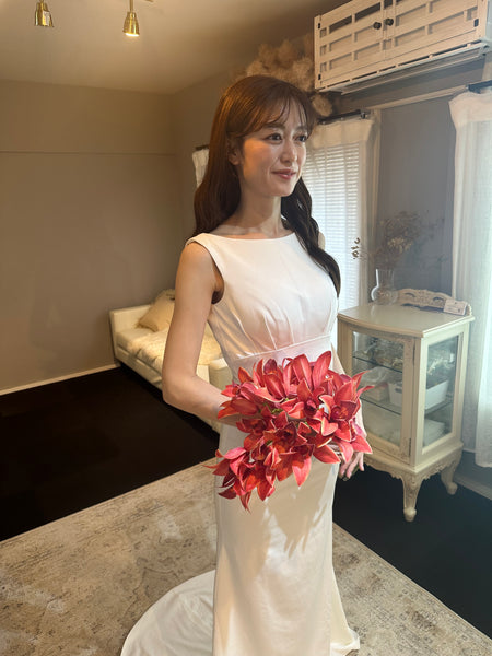 サテン シンプル ボートネック マーメイド ウエディングドレス(W113)