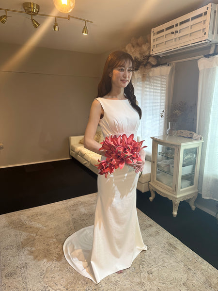 サテン シンプル ボートネック マーメイド ウエディングドレス(W113)