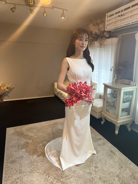 サテン シンプル ボートネック マーメイド ウエディングドレス(W113)