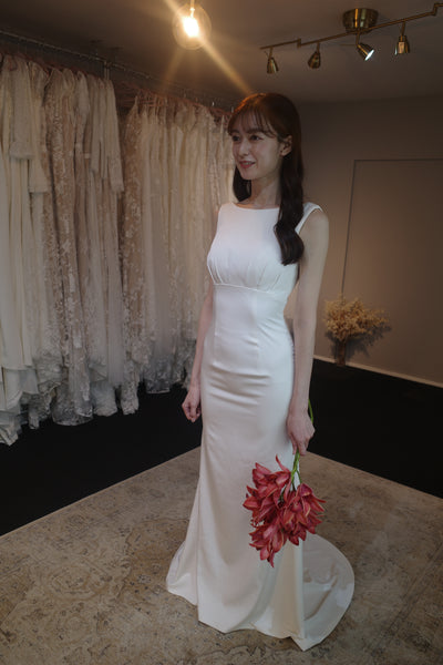 サテン シンプル ボートネック マーメイド ウエディングドレス(W113)