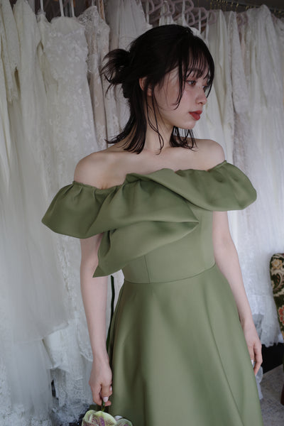 オフショルダー Aラインドレス モスグリーン(W274MG)