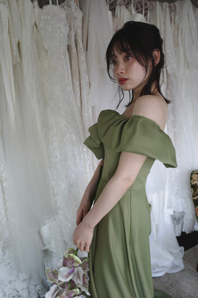 オフショルダー Aラインドレス モスグリーン(W274MG)