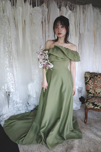 オフショルダー Aラインドレス モスグリーン(W274MG)