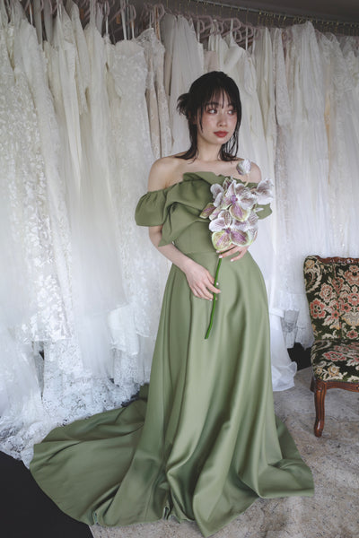 オフショルダー Aラインドレス モスグリーン(W274MG)