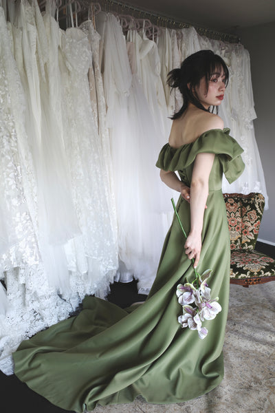 オフショルダー Aラインドレス モスグリーン(W274MG)