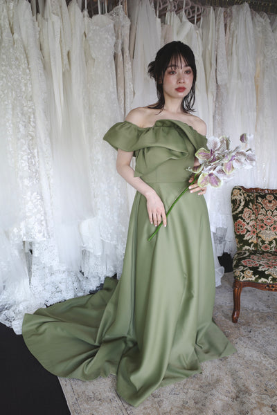 オフショルダー Aラインドレス モスグリーン(W274MG)