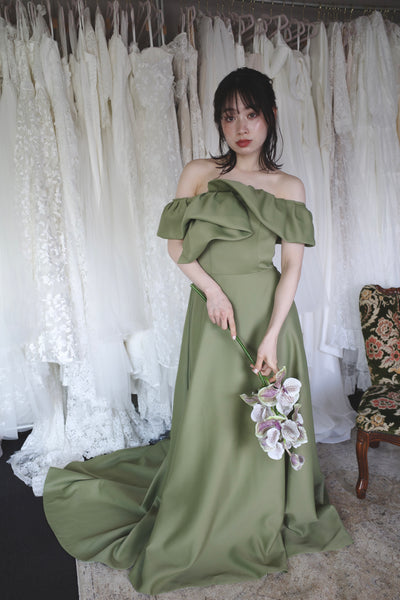 オフショルダー Aラインドレス モスグリーン(W274MG)