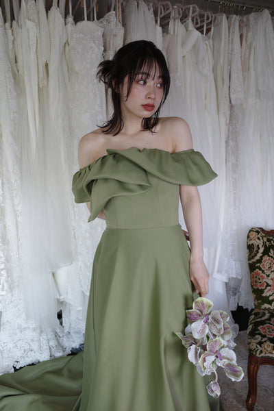 オフショルダー Aラインドレス モスグリーン(W274MG)