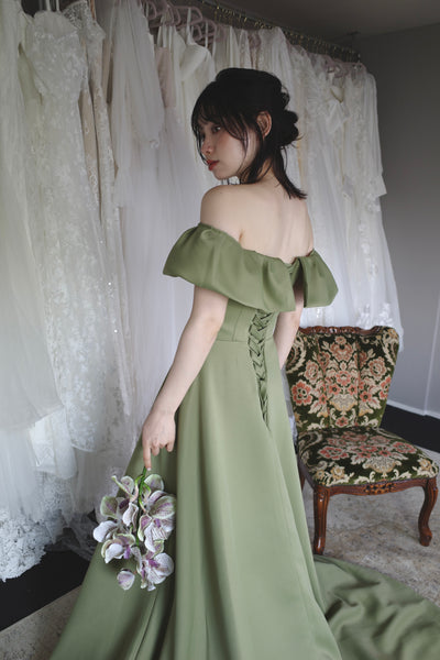 オフショルダー Aラインドレス モスグリーン(W274MG)