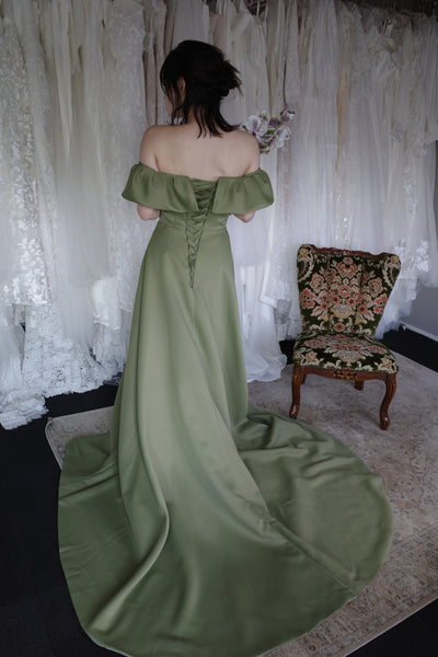 オフショルダー Aラインドレス モスグリーン(W274MG)