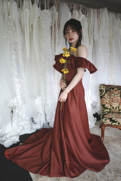 オフショルダー Aラインドレス バーガンディー(W274BG)