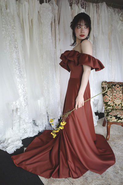 オフショルダー Aラインドレス バーガンディー(W274BG)