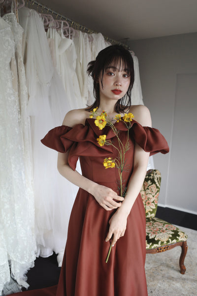 オフショルダー Aラインドレス バーガンディー(W274BG)