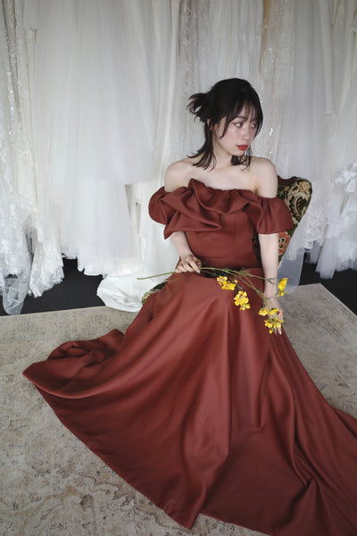 オフショルダー Aラインドレス バーガンディー(W274BG)