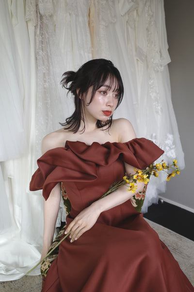 オフショルダー Aラインドレス バーガンディー(W274BG)