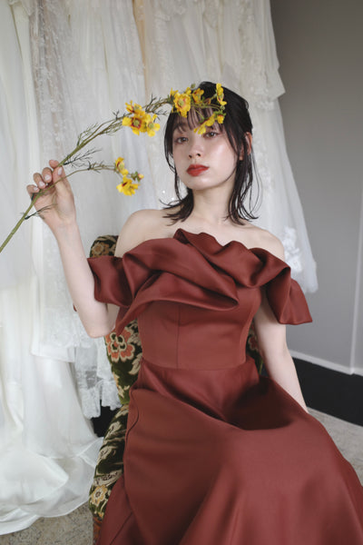 オフショルダー Aラインドレス バーガンディー(W274BG)