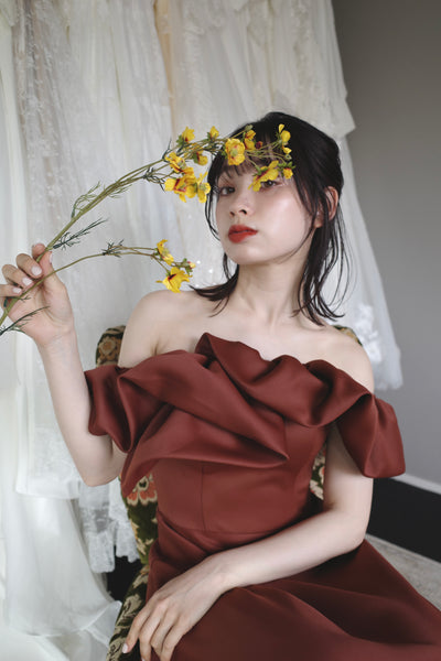 オフショルダー Aラインドレス バーガンディー(W274BG)