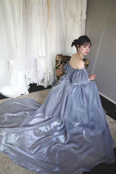 オフショルダー パフスリーブドレス ブルーグレー (W306BG)