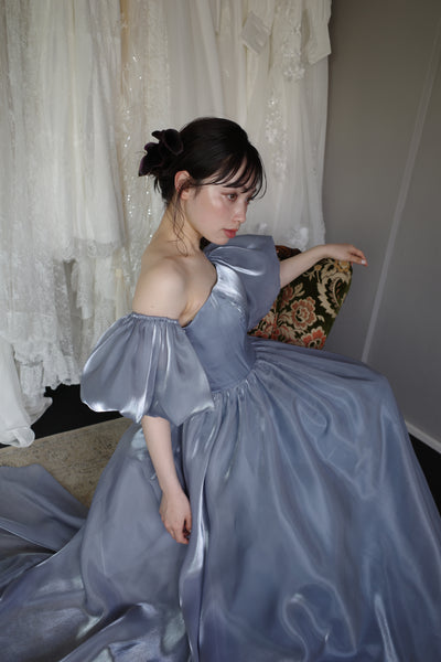 オフショルダー パフスリーブドレス ブルーグレー (W306BG)