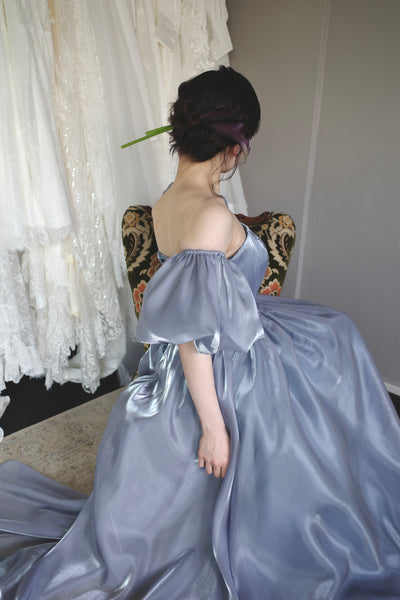 オフショルダー パフスリーブドレス ブルーグレー (W306BG)