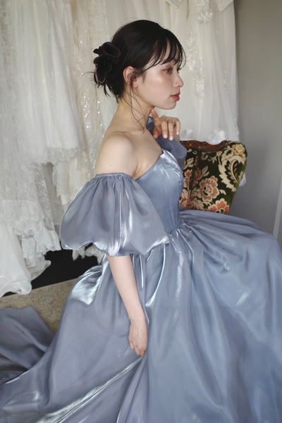 オフショルダー パフスリーブドレス ブルーグレー (W306BG)