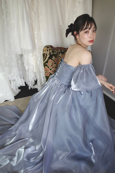 オフショルダー パフスリーブドレス ブルーグレー (W306BG)