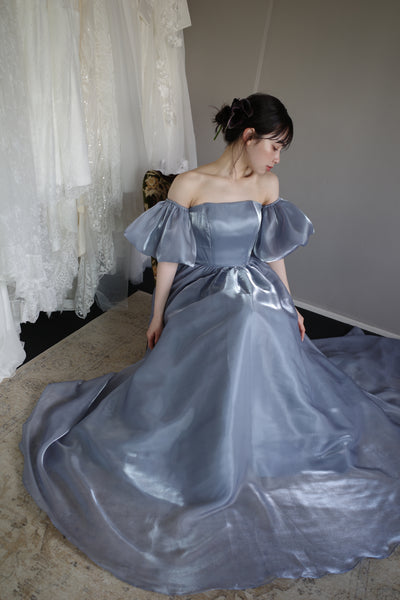 オフショルダー パフスリーブドレス ブルーグレー (W306BG)